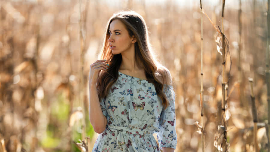 Womanin Butterfly Dress Field Backdrop Wallpaper