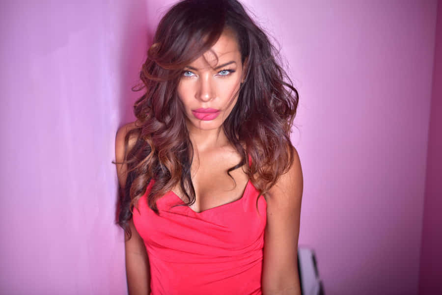 Womanin Red Dress Pink Backdrop Wallpaper