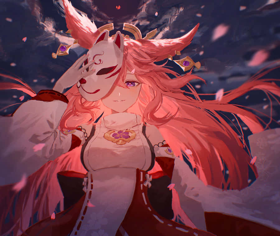 Yae Miko Pfp With Fox Mask Wallpaper
