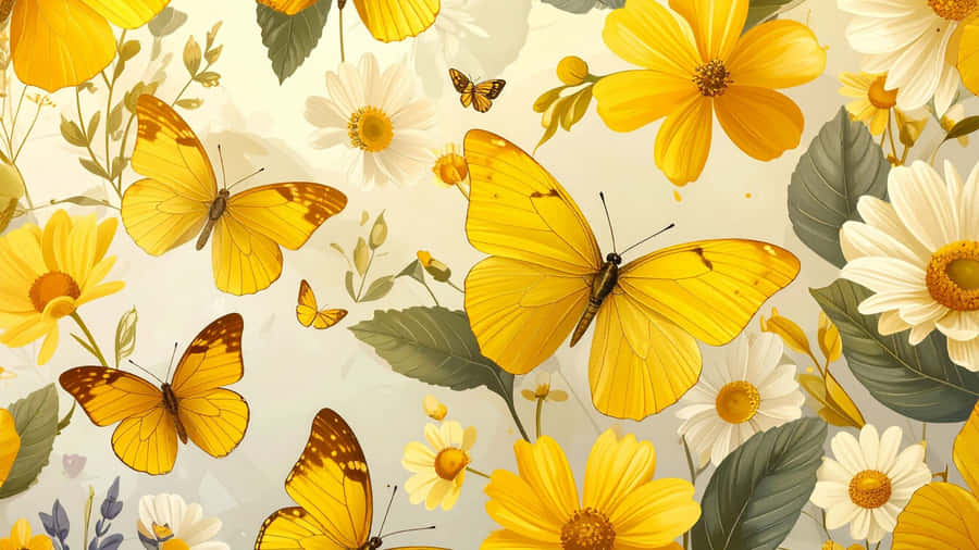 Yellow Floral Butterfly Garden Wallpaper