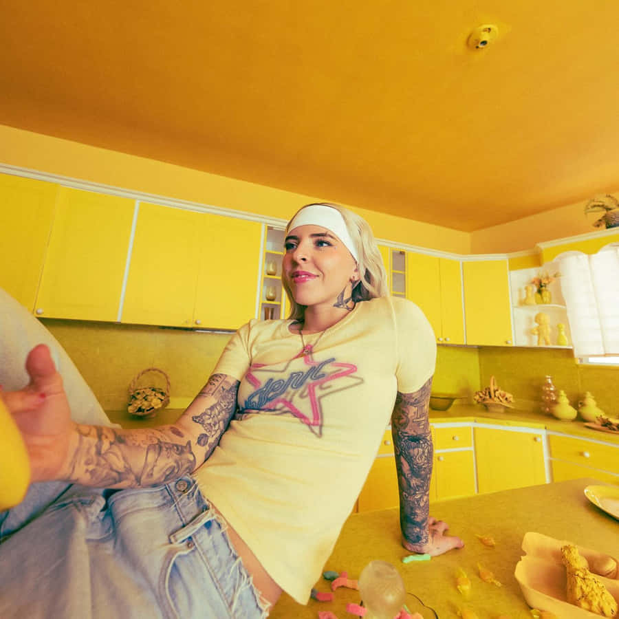Yellow Kitchen Portrait Tattooed Woman Wallpaper