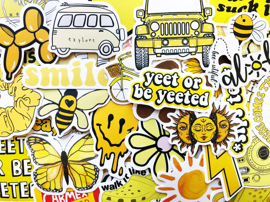 Yellow Stickers With A Yellow Car And A Yellow Truck Wallpaper