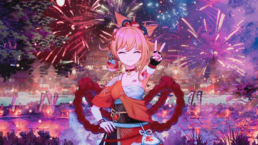 Yoimiya Peace Sign Wallpaper