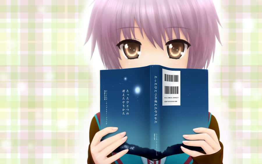 Yuki Nagato Standing In A Serene Library Setting Wallpaper