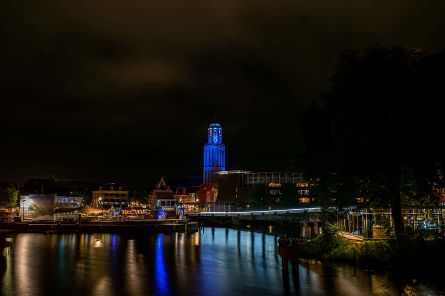 Zwolle Nighttime Cityscape Illuminated Tower Wallpaper