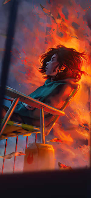 1080x2340 4k Anime Girl Chair On Fire Wallpaper