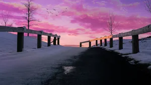 2048x1152 Aesthetic Snowy Road With Pink Sky Wallpaper
