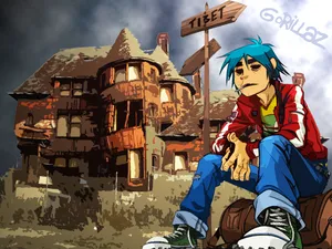 2d From Gorillaz Calmly Resting On A Park Bench. Wallpaper