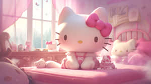 3 D Hello Kittyin Pink Bedroom Wallpaper