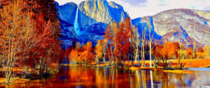 3440x1440 Fall Season With Lake And Mountain View Wallpaper