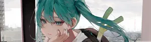 3840x1080 Anime Green Hair Hands On Face Wallpaper