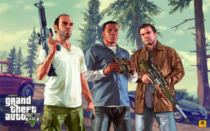 4k Gta 5 Trevor Franklin Michael With Guns Wallpaper