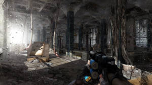 4k Metro 2033 Gun Pointed At Abandoned Lobby Wallpaper