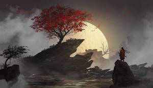 8k Samurai And Full Moon Art Wallpaper