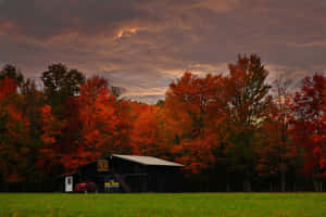 A Beautiful Fall Barn Surrounded By Vibrant Autumn Foliage Wallpaper