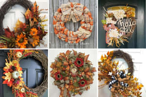 A Beautiful Fall Wreath Made From Vibrant Autumn Leaves And Seasonal Decorations Wallpaper