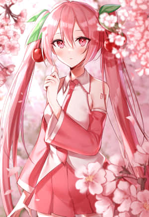 “a Beautiful Illustration Of Sakura Miku Looking Up At Cherry Blossom Petals Floating In The Air” Wallpaper