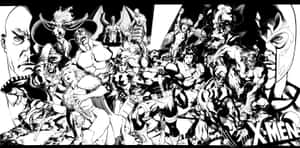 A Black And White Drawing Of A Group Of Comic Characters Wallpaper