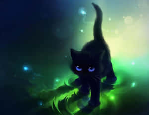 A Black Cat With Blue Eyes Walking On A Green Background Wallpaper