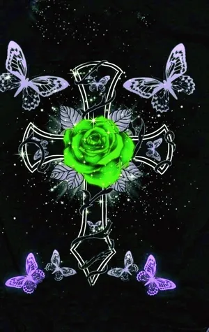 A Black Shirt With A Green Rose And Butterflies Wallpaper