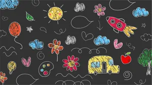 A Blackboard With A Drawing Of A Car, A Truck, And Other Objects Wallpaper