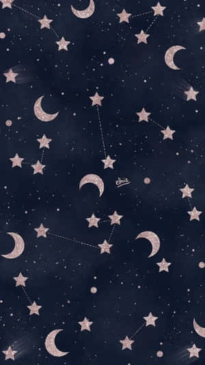 A Blue And Pink Starry Sky With Stars And Moons Wallpaper