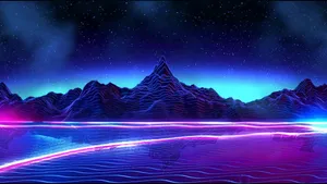 A Blue And Purple Landscape With Mountains And Lights Wallpaper