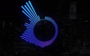 A Blue And Purple Logo With A City In The Background Wallpaper