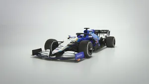 A Blue And White Racing Car On A White Background Wallpaper