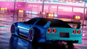 A Blue Car In A Neon Lit Parking Lot Wallpaper