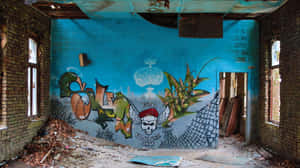 A Blue Room With Graffiti On The Walls Wallpaper