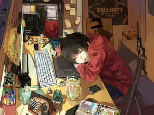 A Boy Alone In Front Of His Computer, Engrossed In Anime Wallpaper