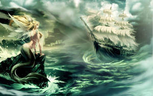 A Brave Mermaid Saves A Storm-ravaged Ship. Wallpaper