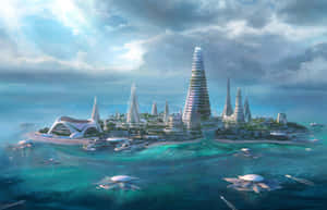 A Breathtaking View Of Sci-fi Beach With Futuristic Structures Wallpaper