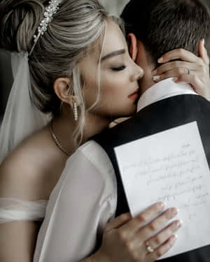 A Bride And Groom Hugging Each Other While Holding A Piece Of Paper Wallpaper