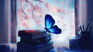 A Butterfly Sitting On Top Of Books In Front Of A Window Wallpaper