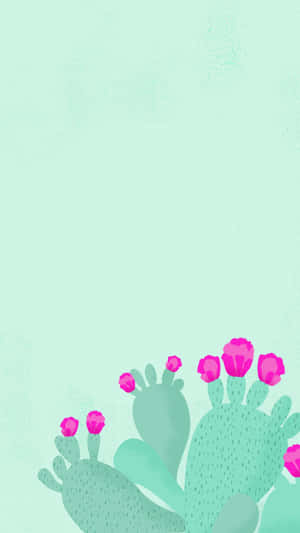 A Cactus Plant With Pink Flowers On A Green Background Wallpaper