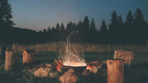 A Campfire In The Middle Of A Field At Night Wallpaper