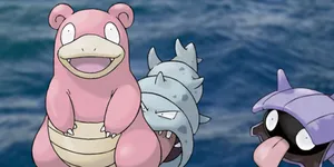 A Captivating Depiction Of Shellder Closely Interacting With Slowbro In Their Habitat. Wallpaper