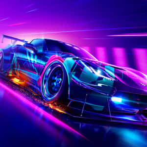 A Car Driving Down A Neon Lit Road Wallpaper