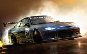 A Car Driving Down A Track With Smoke Coming Out Of It Wallpaper