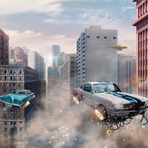 A Car Flying Through The Air In A City Wallpaper