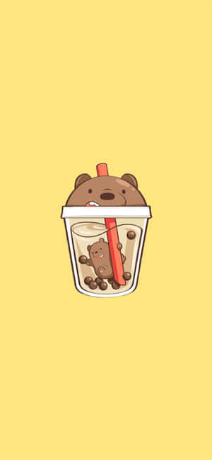 A Cartoon Bear In A Cup With A Straw Wallpaper