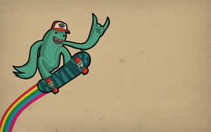 A Cartoon Character Is Riding A Skateboard On A Rainbow Wallpaper