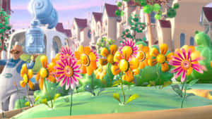 A Cartoon Character Is Standing In Front Of Flowers Wallpaper