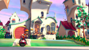 A Cartoon Character Riding A Bike In Front Of A City Wallpaper