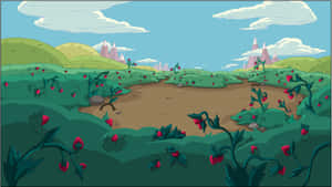 A Cartoon Landscape With A Lot Of Flowers Wallpaper