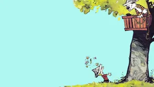 A Cartoon Of A Cat And A Boy In A Tree Wallpaper