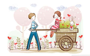 A Cartoon Of A Couple Pulling A Cart With Flowers Wallpaper