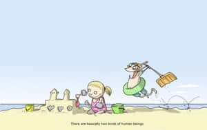 A Cartoon Of A Girl And Boy Playing On The Beach Wallpaper